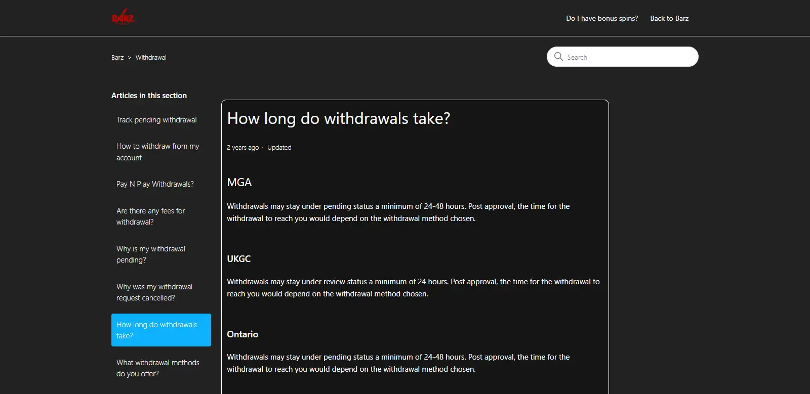 Barz Help Centre withdrawal-time article showing the UKGC minimum 24-hour review wording