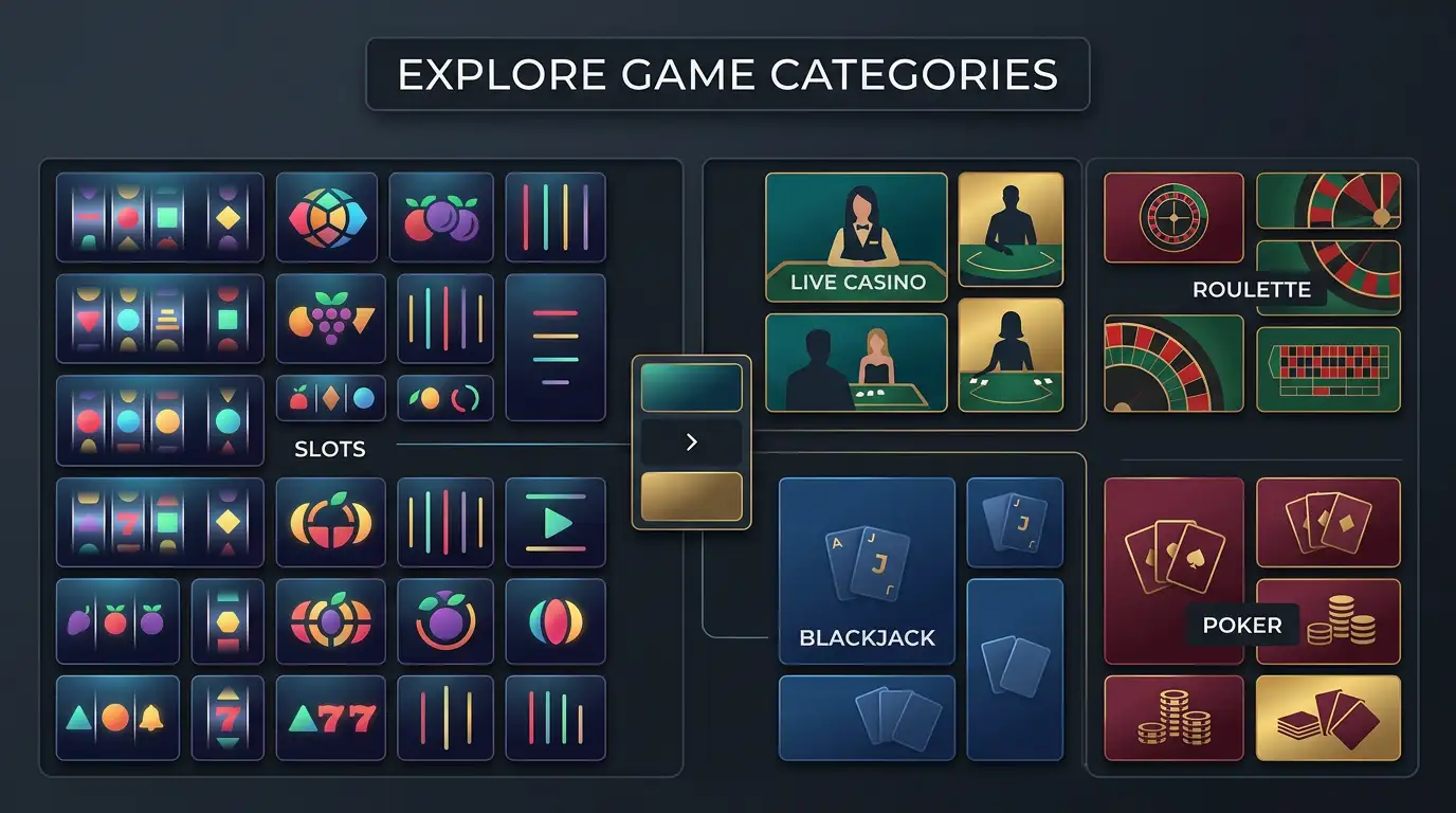 Online casino library with abstract tiles representing Barz slots, live tables, roulette, blackjack and poker