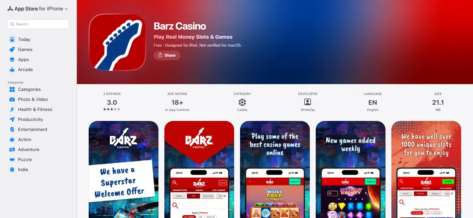 The official Barz Casino listing in the Great Britain Apple App Store for iPhone and iPad