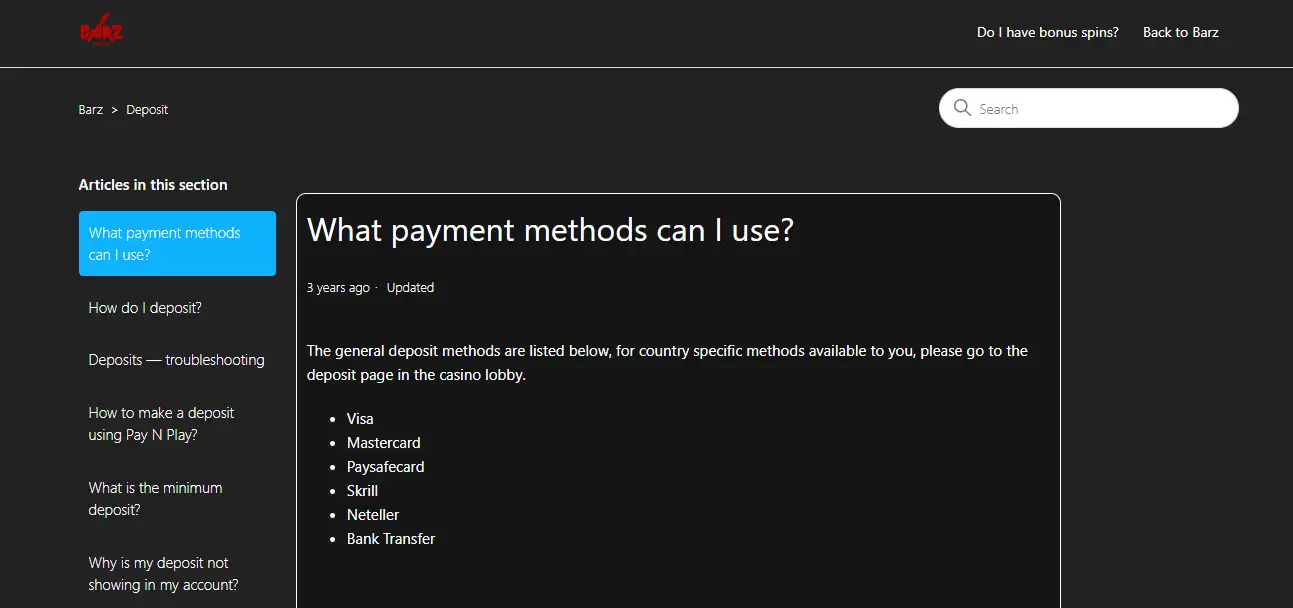 Barz Help Centre list of general payment methods including Visa, Mastercard, Paysafecard, Skrill, Neteller and bank transfer