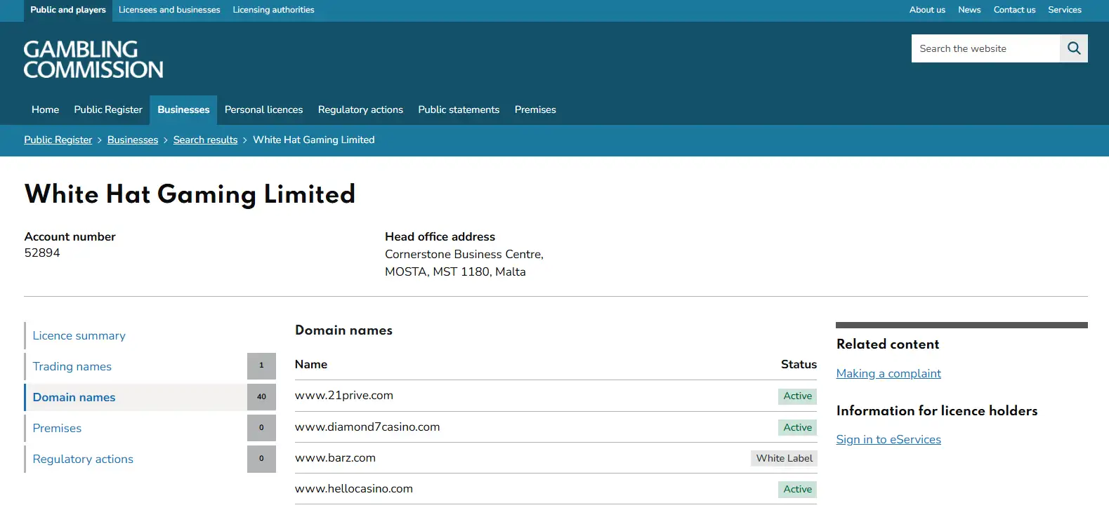 UK Gambling Commission domain register for White Hat Gaming Limited showing Barz among White Label domains