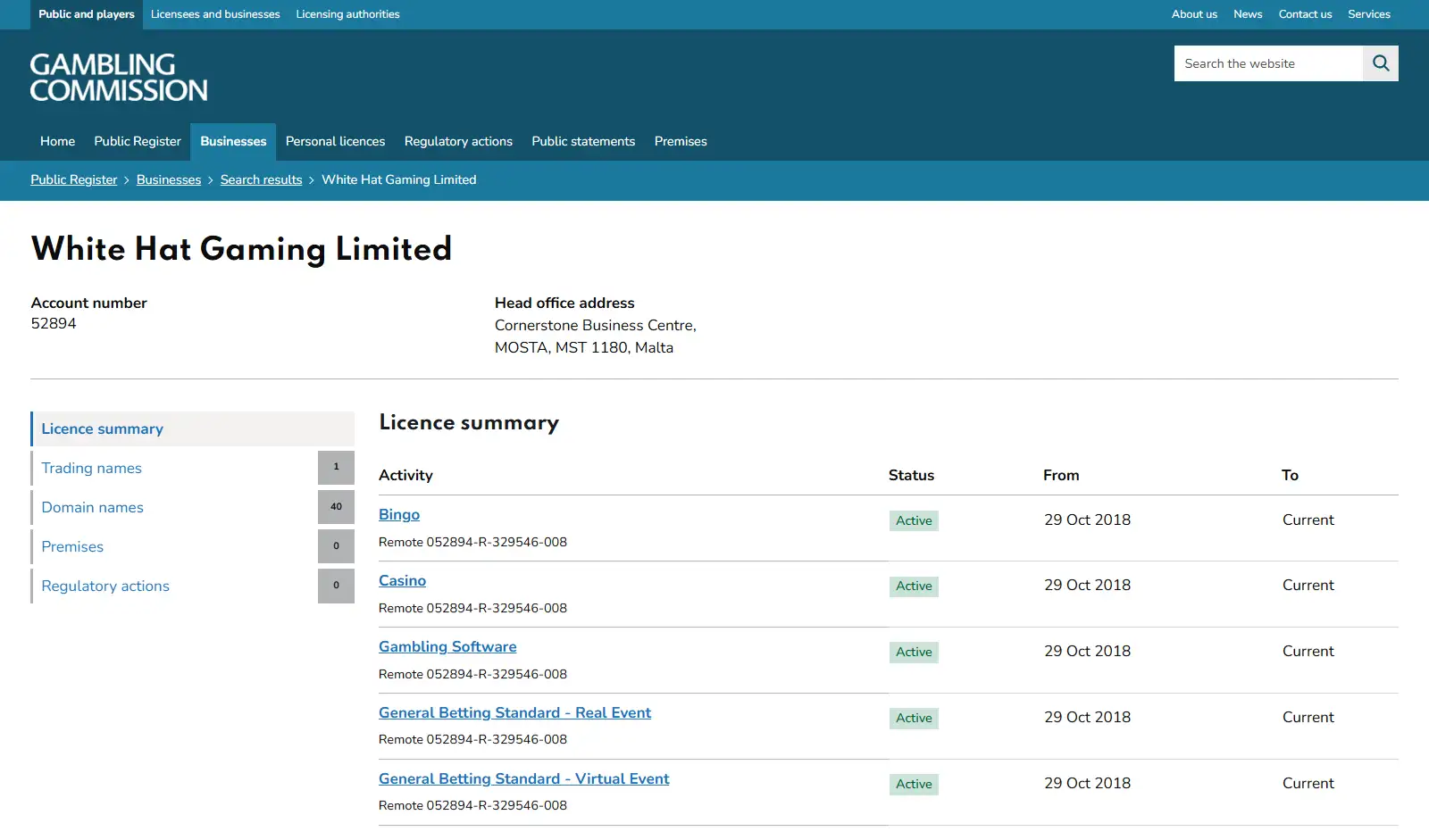 UK Gambling Commission licence summary for White Hat Gaming Limited showing active remote casino licence