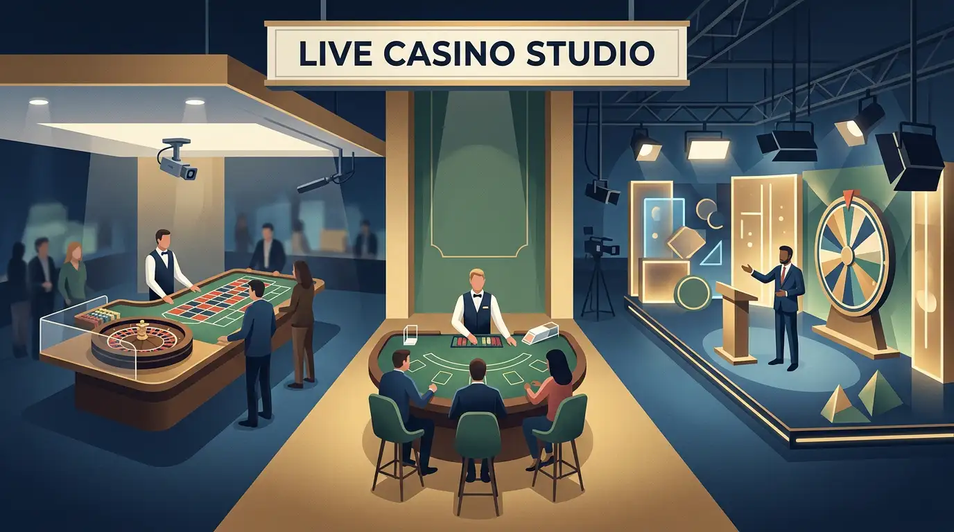Stylised live casino studio with generic roulette, blackjack and game-show tables, with no copied provider branding or identifiable dealer likenesses