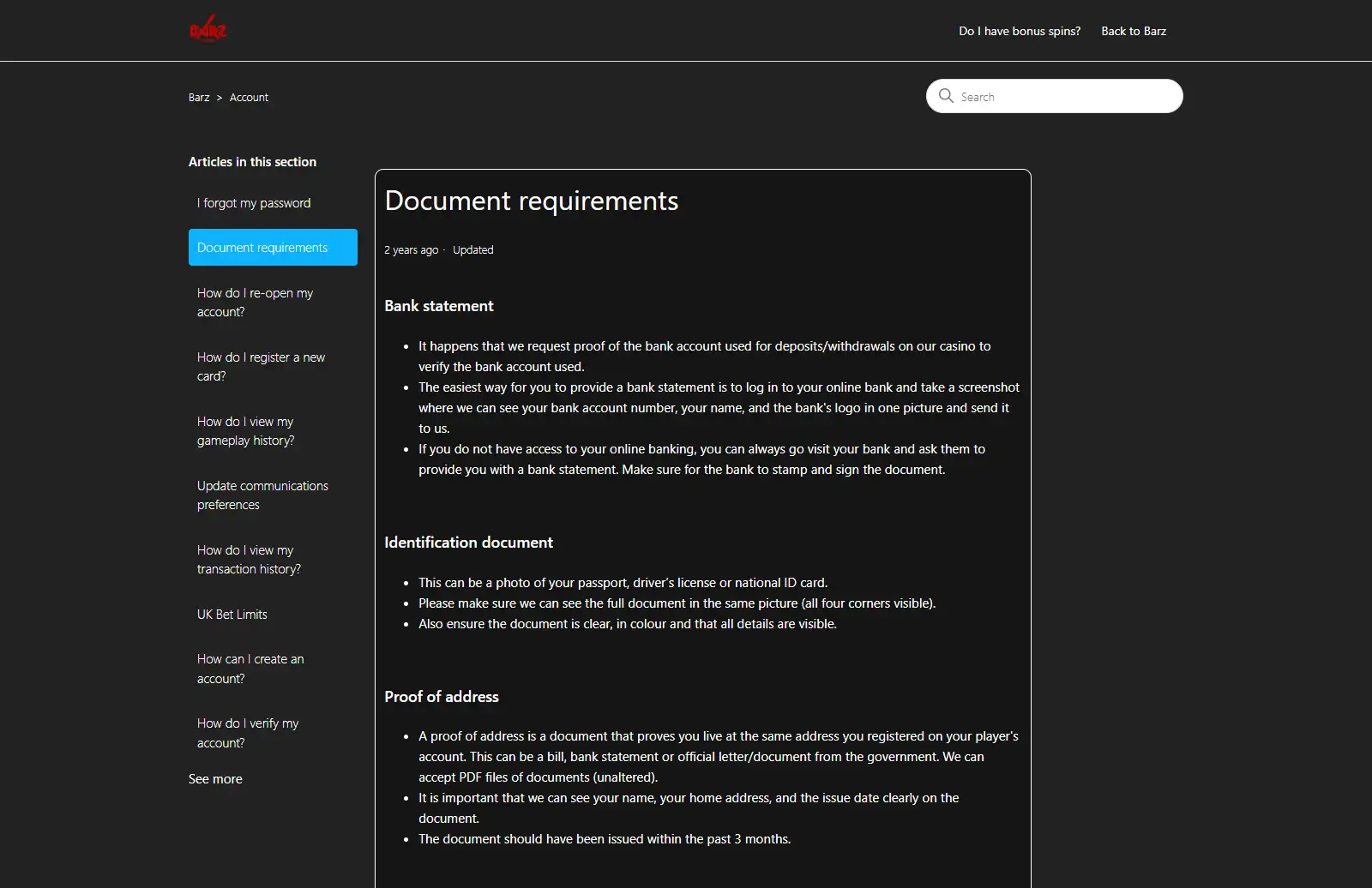 Barz identity, address, bank, card and e-wallet verification document categories
