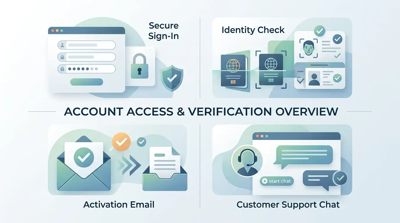 Neutral illustration of secure casino account login, identity verification and customer support
