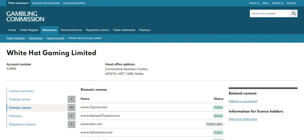 UK Gambling Commission register listing www.barz.com as a White Label domain under White Hat Gaming Limited
